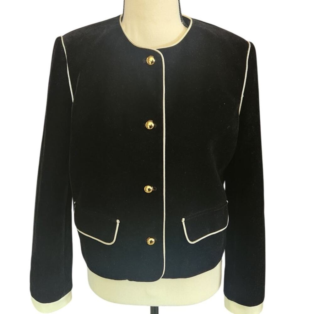 Celine Black Velvet Jacket with Cream Trim and Gold Buttons